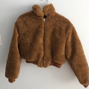 Cropped teddy fur bomber jacket